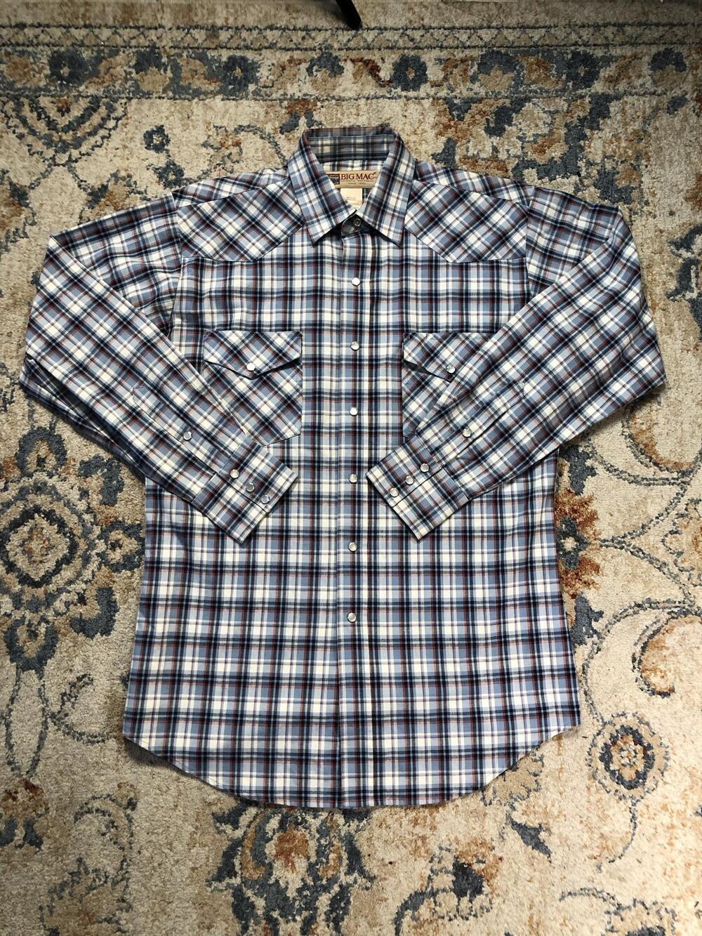 Big Mac Shirt Mens M Blue Plaid Long Sleeve Western Pearl Snap Workwear Casual